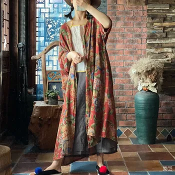 Памук и лен пролетно-лятна жилетка в стил на дзен, дълъг тренч с принтом в национален стил ретро