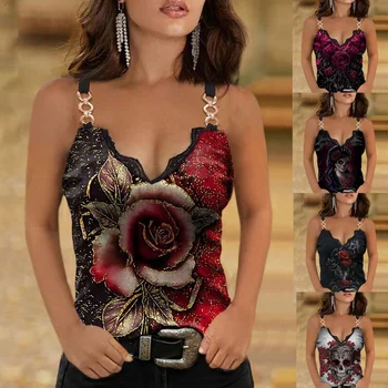Летни дамски модни дантелени блузи без ръкави, секси V-образно деколте с изображение на рози, всекидневни камизола