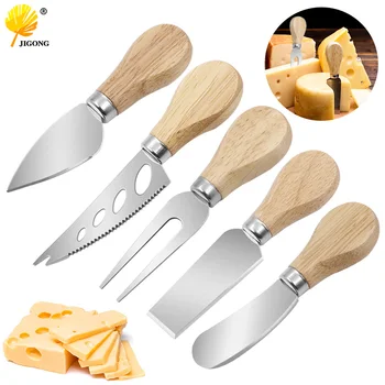 Нож за сирене прибори за сирене от неръждаема стомана Нож за нарязване на сирена кухненски нож с дървена дръжка на нож за масло на плешката и вилица лъжица