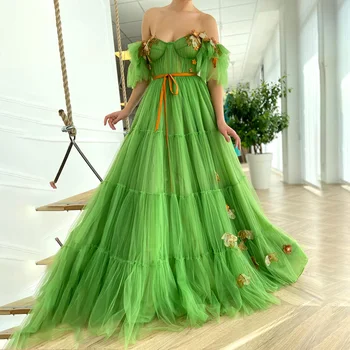 Зелени рокли за абитуриентски принцеса трапецовидна форма с открити рамене, вечерна рокля ръчно изработени с 3D цветя, диференцирани тюлевое дълга рокля за бала