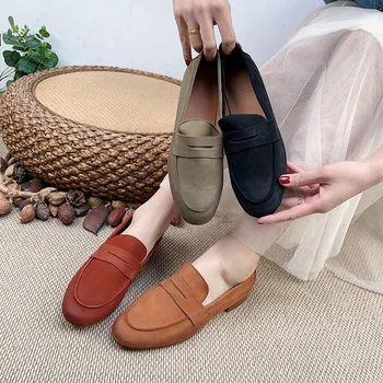 Careaymade-Годишната новост от естествена кожа, Обикновен женски тънки обувки, изработени ръчно от телешка кожа, с кръгли пръсти, Монофонични най-Горния слой, Ежедневни дамски обувки