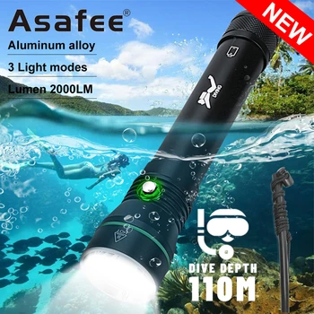 Asafee P50 led фенерче за гмуркане, силна светлина, на 110 метра под вода, 3 режима на 2000лм, екипировка за гмуркане, 18650/26650 батерии, фенерче