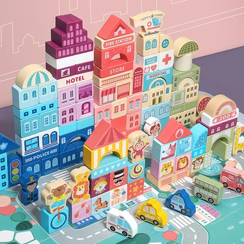 100 бр., цветно дървено градски сграда, транспортни блокове, играчки, сцена на геометрична форма, събрани играчки за ранно развитие на децата