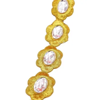 1 Ярда Лейси тесьма със златни бродерии, 3D лента с кристали, лейси завърши с аппликацией във формата на диаманти, 4 см