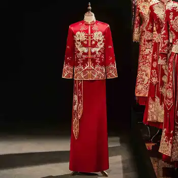 Мъжки сватбен комплект в китайски стил с бродерия дракон, костюм от епохата на Тан, Ретро Ципао, източна сватба облекло на булката, костюм Ханфу