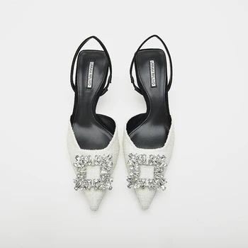 Дамски обувки-лодка на висок ток с луксозни декорации под формата на кристали, дамски летни сандали на ток 7,5 см, за партита, сватбени обувки
