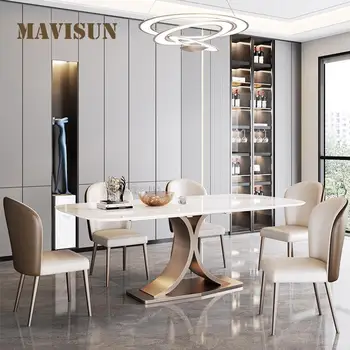 Ярък маса за хранене е от каменни плоскости с 4 стола, модерен минималистичен комплект за бяла луксозни кухненски мебели, правоъгълен кабинковия маса
