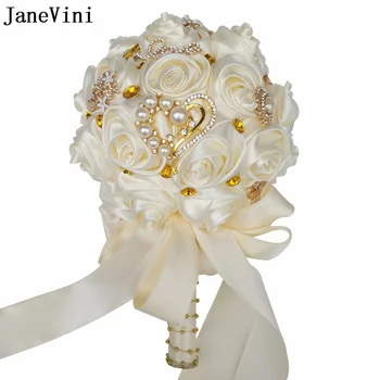 JaneVini Gold Crystal Диамант Сватбен букет на булката Перли лента слонова кост роза от мъниста букет цветя на булката Fleur Fleur Бордо