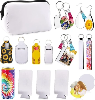 23шт козметични чанти сублимация на DIY Бял празен неопреновый каишка за китката MDF комплекти, ключодържатели