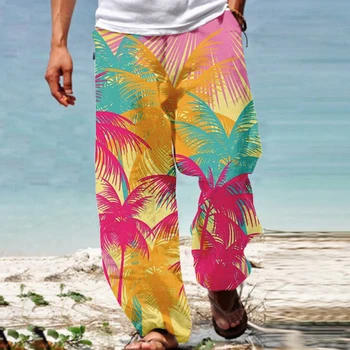 Мъжки летни ежедневните свободни дълги панталони с завязками дантела прозорци, мъжки пролетни ежедневни панталони 2023, модни хавайски плажни панталони с принтом