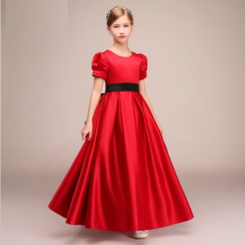 Вечерна рокля на принцеса с цветя модел за момичета, пиано представа, хор принцеса, червена пола с буйни ръкав и къс лък