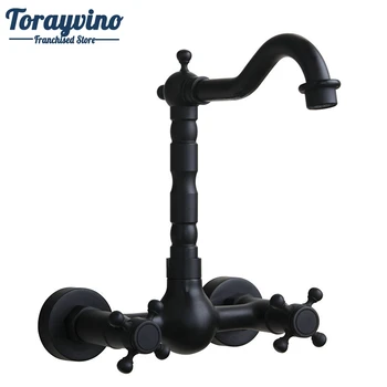 Torayvino смесител за вана с топла и студена вода, контролния клапан с 2 дръжки, монтиран на стената, с двойна дръжка, мат, черен, за мивки