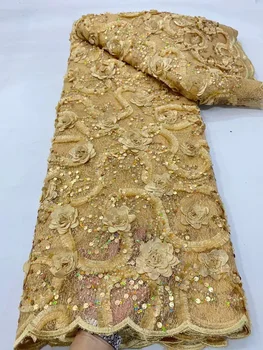 Златен Луксозен мъниста, ръчно изработени 3D бродерия Френски тюл Лейси плат нигерийски тежък мъниста лейси плат за сватбена шевни QF0333