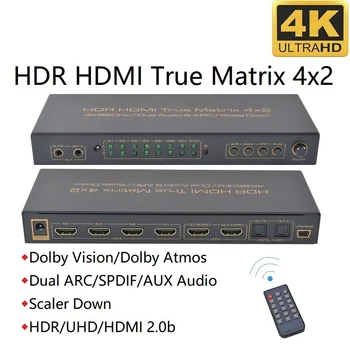 4K, HDMI Превключвател Сплитер True Matrix 4 В 2 Изхода 4K @ 60 Hz ARC Scaler Down UHD HDR Двойна аудио изход SPDIF AUX вход 3.5 мм аудио изход