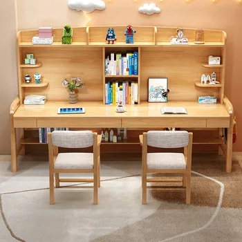 Домакински двойно бюро от масивно дърво, подвижен плот, офис проста компютърна маса, маса деца, студентски работно бюро и стол
