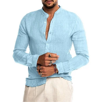 Мъжки ризи с дълъг ръкав, летни обикновена риза с висока яка, всекидневни плажен стил, по-големи размери