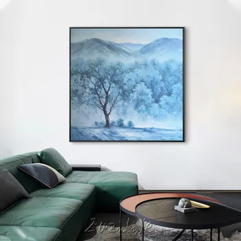 Светло синята, акварел картина с пейзаж от планини, голям стенен декор, артистична декорация на дома, акрилна живопис върху платно