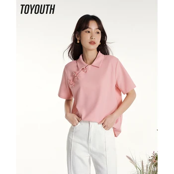 Toyouth женска тениска 2023, летни тениски, поло с къс ръкав, свободни тениски с катарама в китайски стил, дизайнерски шик ежедневни блузи