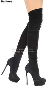 Модни черни велурени дамски ботуши над коляното на платформата с еластична гумена лента до бедрата