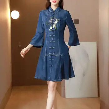 2023 есен ново джинсовое рокля в китайски ретро стил с подобрена бродерия в стил чонсам, секси къса рокля трапецовидна форма, с изгорени ръкави, g1007