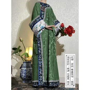 Реплика на династията Цин, зелена рокля Чонсам с дълги ръкави и принтом на копчета, женски ориенталски карнавалните костюми Qipao