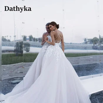 Обвивка Dathyka, модерни сватбени рокли за булката, лейси облегалка, апликации без ръкави, бретельки с V-образно деколте на кръст