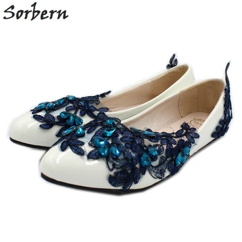 Сватбени обувки на равна подметка Sorbern, тъмно сини кристали и черни дантелени сватбени обувки с цветя модел, балет апартаменти, обувките на шаферките, без закопчалка за момичета, ново записване