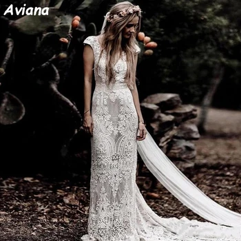 Aviana Елегантни дантелени богемные сватбени рокли на Русалка с V-образно деколте с къс ръкав, с плажна сватбена рокля в стил бохо, сшитое по поръчка, булката рокля с отворен гръб