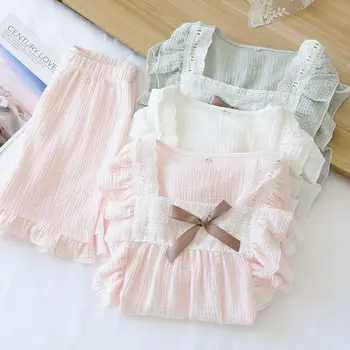 Пижамный комплект за момичета, лятото 2023, лейси тънка дрехи за момичета, домашна мека сладка детска пижама за средни и големи деца