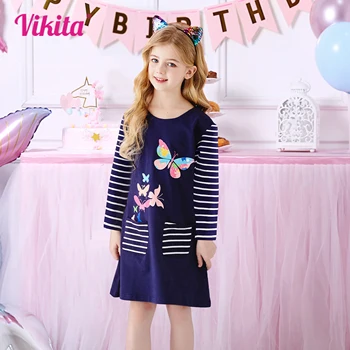 Рокля VIKITA за момичета, есенно-пролетно облекло в ивица с анимационни принтом за малки момичета, детски рокли за момичета, памучно рокля на принцеса