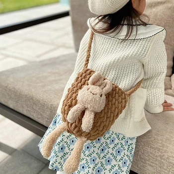 Детска вълнена чанта през рамо ръчно изработени за малки момичета с анимационни заек, декор, портфейл, чанта-месинджър, детска чанта през рамо