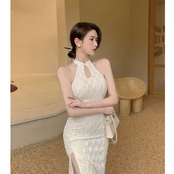 Източното рокля Ципао на спагети презрамки, женски лятото вечерна рокля с цепка в китайски стил, секси елегантна подобряване на обличам Рокли Fashion Party