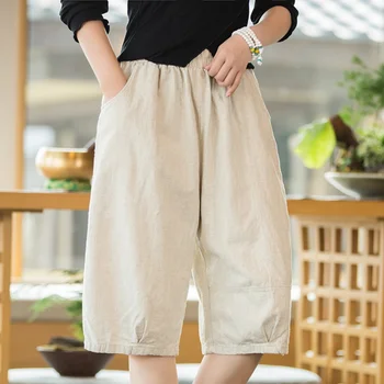 Летни дамски ежедневни панталони 2023, ретро обикновена панталони с еластичен ластик на талията, свободни дамски модни памучни спортни къси панталони от коноп