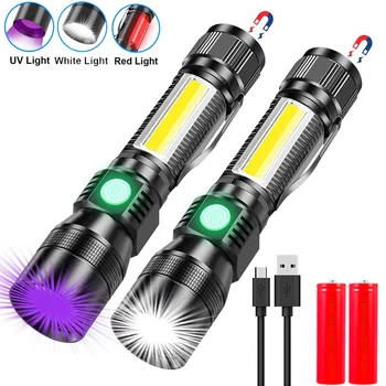 Мощен led + COB Фенерче, Акумулаторна батерия UV + Бял + Червен светофар Мащабируем Факел Открит На 7 Режима на Магнитни Светлини За Къмпинг, Лов