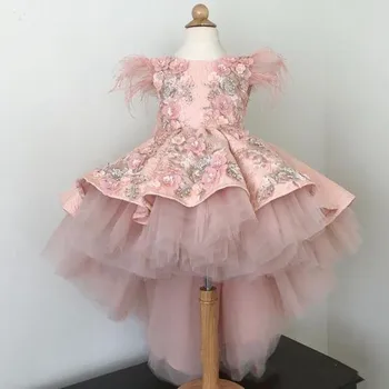 Розови буйни рокля с цветя модел за момичета, апликация от тюл с лък, рокля за бала, за сватбени бални рокли, дрехи за конкурса по красота