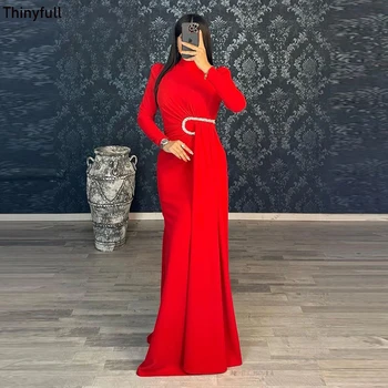 Тънката червена рокля за абитуриентски бал с дълги ръкави и високо деколте, блестяща вечерна рокля за парти 2023, Русалка, саудовско-арабско-секси вечерна рокля за дейности