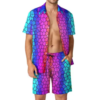 Абстрактни преливащи мъжки комплекти, ежедневни риза с оцветени принтом, реколта шорти за фитнес, графичен костюм, 2 броя, по-големи размери