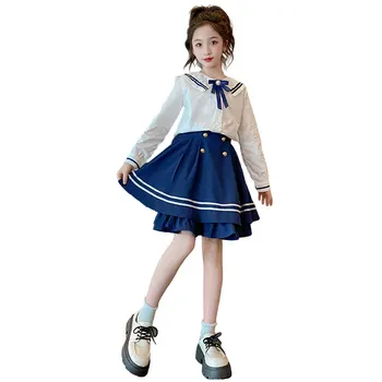 Есенното облекло за момичета, модерен костюм в стил колеж, комплекти, дрехи за момичета, безплатна доставка, от 4 до 14 години, една нова корейска училищна детски дрехи