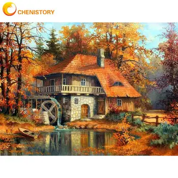 CHENISTORY 60x75 см Diy Рамка за Картина на Номерата На Есенния Къща Пейзаж Живопис По Номера на Акрилна Боя Върху Платното За Домашно Изкуство