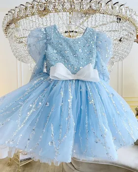 Скай-синя рокля за малки момичета с дължина до коляното, блестящ cupcake, детско празнична рокля на 1-ви рожден ден, рокля за фотосесия
