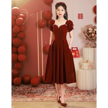 Yourqipao Лято 2023, рокля за тост на булката с пищни ръкави със средна дължина, вечерна сватбена рокля в китайски стил, за годеж, женствена рокля в китайски стил