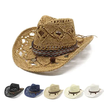 Дамски Мъжки лятна ковбойская сламена шапка, ръчно изработени от слънцето в западен стил за отдих на открито, плажни джаз шапка