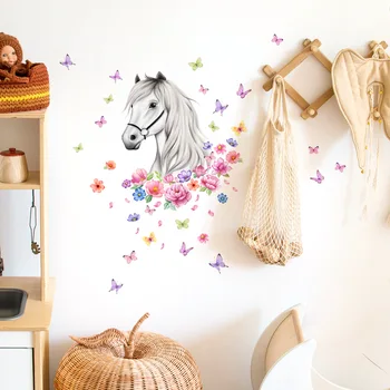 30 * 40 см, стикер за стена с изображение на кон, цвете и пеперуди, детска стая, всекидневна, спалня, декоративни стенни стикер