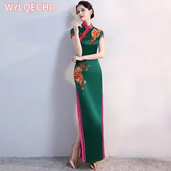 S-5XL Grren вечерни Чонсам реколта в китайски стил, пролетта дълга вечерна рокля, източно-секси елегантна рокля Ципао, Vestido