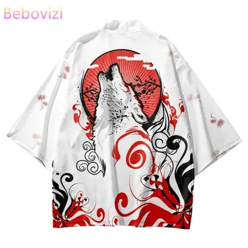 Японското модно самурайское кимоно с принтом вълк, летен случайни плажен жилетка, бяла юката, дамски дрехи мъжки за cosplay, Хаори, топ, азиатски облекло