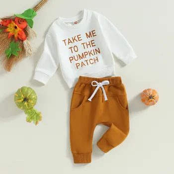 Комплекти панталон за новородени момчета в Хелоуин, есен облекло, hoody с дълъг ръкав и надпис и спортни панталони с еластичен ластик на талията, дрехи за деца