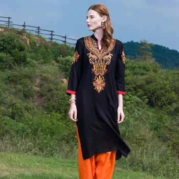 Индийското рокля Курти за жени, памучен дълга блуза с бродерия, черна рокля Индиана за жени, Къртис, индийски Кърт, на пакистанското рокля
