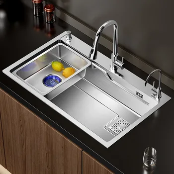 Кухненска мивка с голямо с едно резервоар от неръждаема стомана 304, мивка за измиване на зеленчуци в странично ред, домакински мивки с водопад на ниско ниво