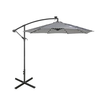 94-инчов осмоъгълни чадър в сиво-бяла ивица с офсетов и конзола чадър за двор