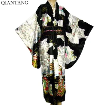 Черно японското женското кимоно от вискоза с принтом Юката Хаори с колан Жилетка Костюм самурай Облекло за cosplay Mujeres Quimono